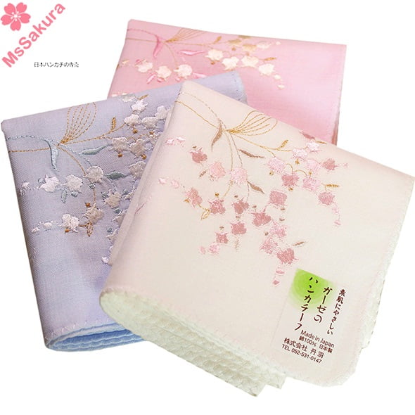 日本製無骨感刺繡鈴蘭花女士柔軟手帕雙層純棉隨身方巾手絹