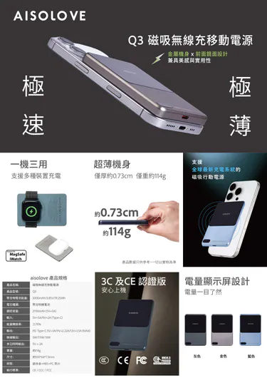 AISOLOVE Q3磁吸無線充移動電源|超薄輕量|磁吸快充|大容量|安全認證