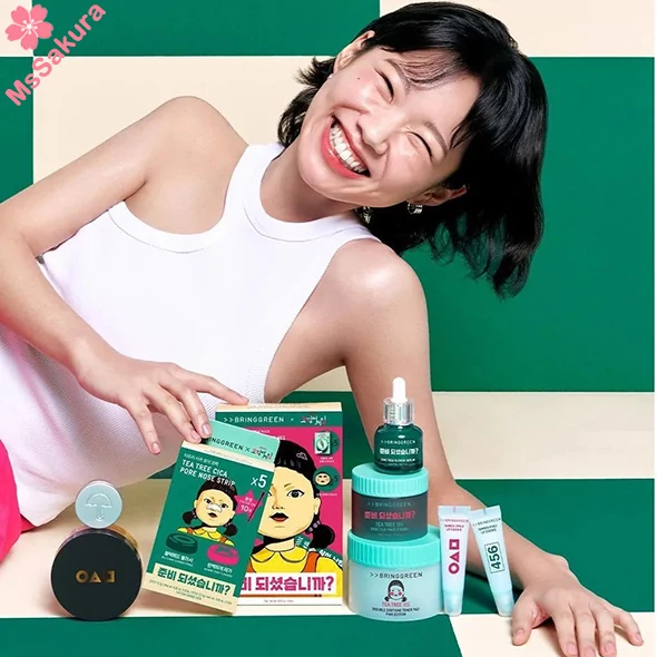 魷魚遊戲2 X BRING GREEN護膚品系列英熙面膜 木頭人公仔 茶樹積雪草限量面膜 5p+5p/積雪草高效純素精華液25ml/綠泥清潔面膜100g